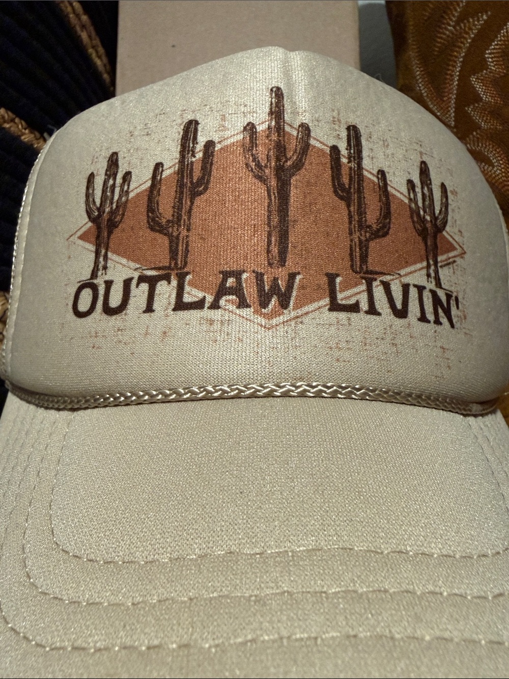OTTO Outlaw Livin’ Beige Trucker Cap with Country Western Desert Cactus Graphic - Picture 9 of 10